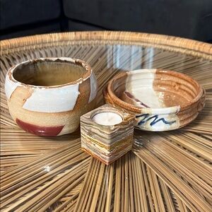 (3) ceramic pottery bowls and candle